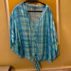 Democracy L blue/green blouse Top with tie and 3/4 sleeves